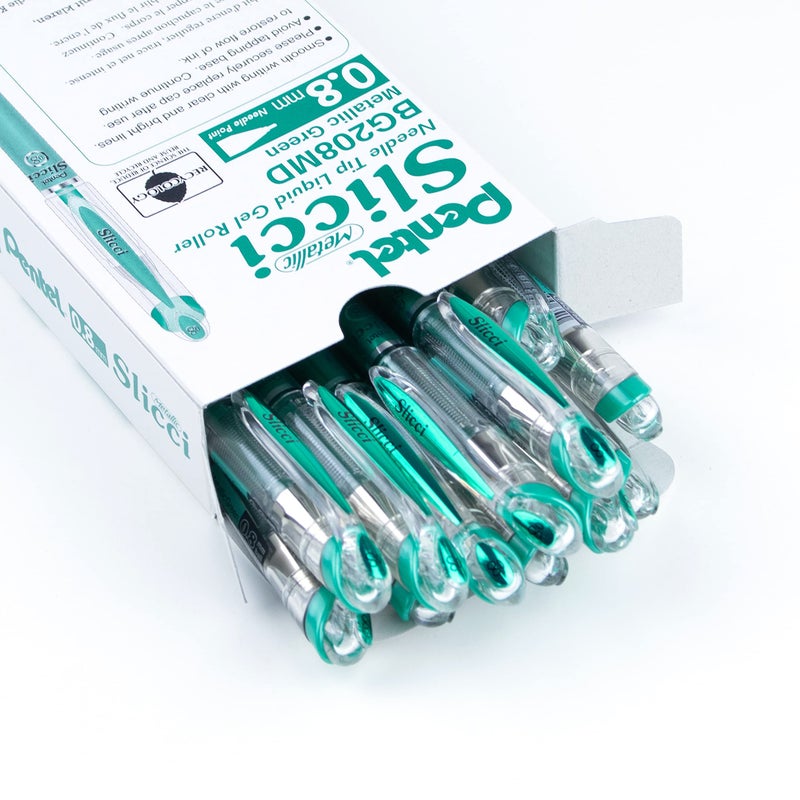 بنتل قلم جل برأس إبرة 0.8 مم من Pentel Arts Slicci Metallic، حبر أخضر معدني، صندوق من 12 قطعة (BG208-MD) - Image 2